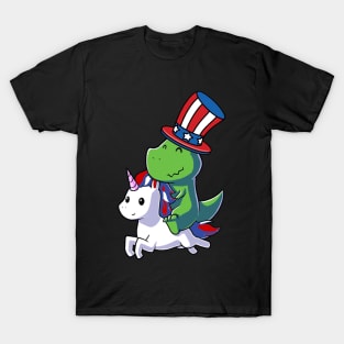 Dinosaur T-Rex Dinosaur Unicorn 4th of July American Flag T-Shirt